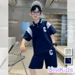 【UNIKIDS】中大童裝2件套短袖POLO衫休閒五分褲運動風 男大童裝 VP24826C(灰 藏青)