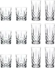 RCR Crystal Orchestra Cut Glass Whiskey Tumblers and Highball Cocktail Glasses - 340ml, 396ml - 12pc Set