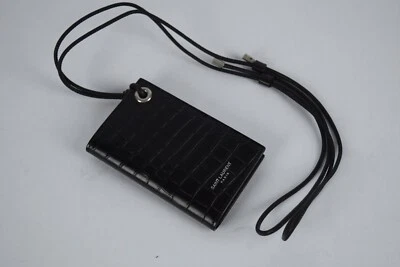 NEW! Authentic YSL Saint Laurent Leather Flip Card Croc Wallet Black Necklace