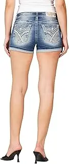 [Miss Me] Women's Turquoise Border Cross Stitched Faux Flap Pockets Mid-Rise Hem Shorts