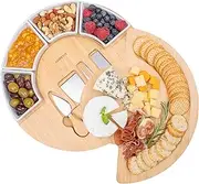 Charcuterie Cheese Board and Platter Set - Made from Bamboo Wood - US Patented 13 inch Cheese Cutting Board and Knife for Entertaining and Serving - 4 Knives - 4 Bowls