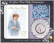 Boys First Holy Communion Complete Present Encompassing a Hardback Missal, Blue Rosary, Rosette and Prayer Card Boxed with a Gift Bag and Card.