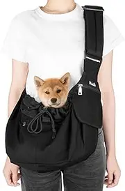 SlowTon Pet Sling Carrier, Comfortable Hard Bottom Support Small Dog Papoose Sling Adjustable Padded Shoulder Strap Hand Free Puppy Cat Carry Bag with Drawstring Opening Zipper Pocket Safety Belt