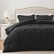 HARBOREST Queen Comforter Set Black - Ruffle Comforter for Queen Size Bed, Fluffy Queen Size Comforter Set for All Seasons, 3 Pieces Shabby Chic Bedding Comforter Set(1 Comforter & 2 Pillow Shams)