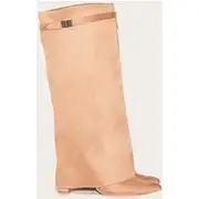 Camel Faux Suede Point Toe Fold Over Knee Block Heeled Boots, Camel
