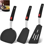Large Silicone Spatula Turner Set of 3,Silicone Turner Spatula,Silicone Spatula for Cooking,Non-Stick,Heat Resistant, Easy to Clean, BPA Free Rubber Spatula for Egg, Pancake, Fish, Burger (Black)