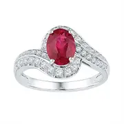 14k White Gold Oval Created Ruby Solitaire Ring 2 Cttw