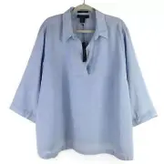 Tahari Womens 3X Linen Popover Tunic Top Blouse 3/4 Sleeve Lagenlook Blue NEW