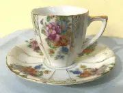 Occupied Japan UCAGCO Bone China Demitasse Cup Saucer Multi Red Floral Gold Trim