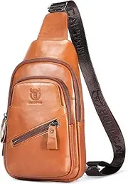 [BULLCAPTAIN] Leather Sling Bag for Men with USB Charging Port Chest Bag Shoulder Bag Crossbody Daypack Hiking Travel Backpack