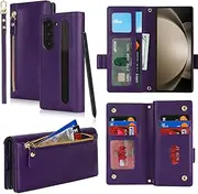 [SunYoo] for Galaxy Z Fold5 Case Leather Wallet with Card Holders Money Slots Wrist Strap for Women RFID Blocking Purse for Samusng Z Fold 5 Zipper Coin Pocket Cover Kickstand Folio Flip Case Purple