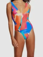 $128 Seafolly Women Blue Arthouse Deep V-Neck One-Piece Swimsuit Size AUS8 US4