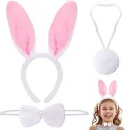 Bunny Ears Headband, Bow Tie & Tail Set, Plush Rabbit Ears, Easter & Cosplay Party Accessory, White & Pink