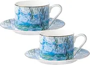 YALONG European Style Coffe Cup and Saucer Sets - 8.5oz Bone China Ceramic, Monet Water Lilies Pattern Tea Cup with Saucer - (2 pack)
