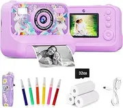 SlowTon Instant Print Camera for Kids, 1080P 2.4 Inch Screen Kids Instant Cameras with 32GB TF Card and Flash Lights, Portable HD Kids Digital Video Cameras Toddler Camera Toys for Girls Boys Age 3-12