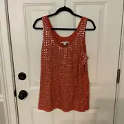 DIANE von FURSTENBERG DvF Red Orange, Silver Sequin Fran Cupped Tank Top US L