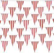 100ft 48pcs Red and White Striped Pennant Banner, Carnival Circus Theme Party Decorations Supplies,String Triangle Bunting Flags for Birthday Party, Festival Celebration, Events Classroom Decor
