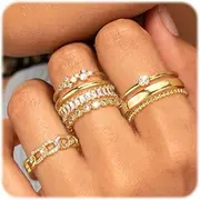 [ZNBOH] Gold Silver Plated Stacking Rings Set for Women 14K Dainty Stackable Thumb Knuckle Cute Ring for Women Pinky Finger Fashion Band Thin Simple Plain Chain CZ Rings Size 6-11