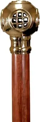 Brass Us Navy Divers Diving Helmet Head Handle Brown Wooden Walking Stick cane