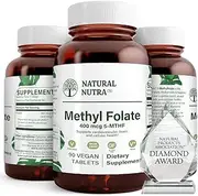 Natural Nutra Active Methyl (Methylated) Folate Supplement with Quatrefolic, L-5-MTHF (Methyltetrahydrofolate), Vitamin B9, MTHFR, 90 Vegan Tablets