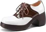 [JARO VEGA] Women's Saddle Shoes, Retro Perforated Leather Oxfords, Platform Lace Up High Chunky Heels Pumps