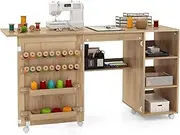 Giantex Folding Sewing Table with Rattan Door, Multipurpose Sewing Machine Craft Station, Storage Shelves, 18 Pegs and 2 Storage Bins, Portable Rolling Cabinet Craft Table