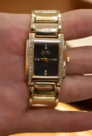 NEW WT BOX WOMEN'S JONES NEW YORK YELLOW GOLD TONE BLACK RECTANGLE FACE WATCH