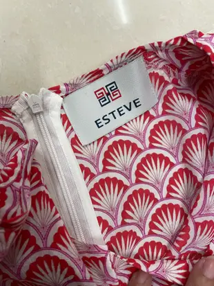 二手 近全新 ESTEVE 絲質 滿版圖騰 短袖 綁帶 蕾絲 洋裝 修身洋裝 扇形圖 女裝 M號 S號 古著 復古