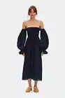 Sleeper Atlanta Linen Midi Dress in Navy Ballon Sleeves Off shoulder XXL 307012