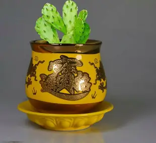 金色小花盆小盆栽風水擺件聚寶盆筆桶放筆陶瓷鍍金小禮品書桌筆架