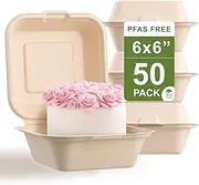 [50 COUNT]Harvest Pack PFAS FREE 6 X 6" Compostable Square Hinged Container, Single Compartment Clamshell Takeout Box, Heavy-Duty Bagasse Food Container, Made from Eco-Friendly Plant Fibers