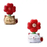 Lucky Cat Figurine with Flower Decor Decorative for Entrance Bookshelf Table