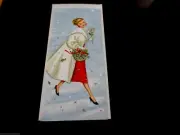 VTG Unused Glitter Mid Century Pretty Lady With Holly Basket Xmas Greeting Card