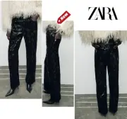Zara Pants Womens 6 Black High Waisted Sequins Velvet Snake Print Trouser NWT