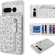 Copmob Google Pixel 7 Pro Case With Card Holder,Flip Folio Leather Wallet Case,Magnetic Ring Kickstand Shockproof Cover Phone Case for Google Pixel 7 Pro - White Leopard