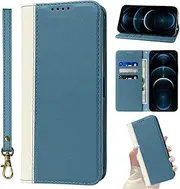 FSHCPJ iPhone 12 Pro Max Case with Card Holder TPU Leather flip Wallet Hanging Rope Magnetic Folio Shockproof Proof Protective iPhone 12 Pro Max Cover-Beige/Blue