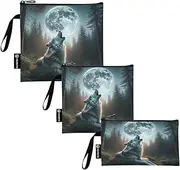RPLIFE Howling Wolf Moon Washable Fabric Sandwich and Snack Bags Reusable, Zipper Food Storage Bags for School Picnic Work Travel (Set of 3: S/M/L)