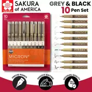 Sakura Pigma Micron Greys & Black Pens Archival Ink 10 Assorted Nib Set Genuine