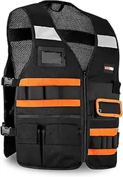 [WISEPRO] Tool Vest, Electrician Safety Vest with Pockets and Zippers, All Purpose Tool Vest Work Vest for Men Carpenters Electricians Handyman, Black Orange
