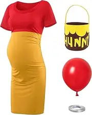 [HTPARY] Women's Short Sleeve Maternity Dress Halloween Bear Costume Kit Dress Balloon hand Felt Bag Animal Headband