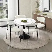 Oikiture 90cm Round Dining Table and Dining Chairs Set of 4 Boucle Kitchen Chair Metal Frame and Legs Black and White
