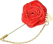 [Kilener] Rose Brooch Pin Cloth Rose Flower with Gold Leaf Brooch Suit Lapel Pins for Men Tassel Chain Brooch Rose Flower Pin Brooches for Men Suits Bridegroom Wedding Brooches Rose Pins