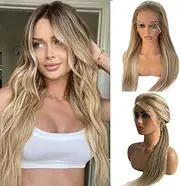 Highlight Ash Blonde Wig Human Hair 13x4 HD Balayage Glueless Wigs 150% Density Ash Brown to Platinum Blonde 18/60 with Brown Roots Highlights Lace Front Wigs Human Hair Pre Plucked 18 Inch for Women
