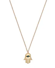 Moon & Meadow 14K Yellow Gold Blue Topaz Marquis Hamsa Hand Pendant Necklace, 16-18