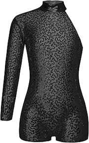 [Miutii] Kids Girls Gymnastic Leotard One Shoulder Long Sleeve Biketard Sparkly Sequin Ballet Dance Jumpsuit Outfit