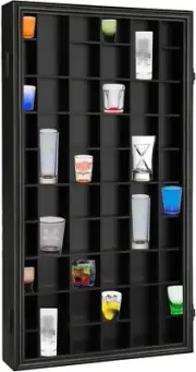 Sboitflmm 52 Shot Glass Display Case - Wall Mount Wooden Lockable Black