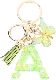 [GALPADA] Initial Letter Keychain Epoxy Initial Keychain with Tassel and Butterfly Charm Cute Backpack Car Key Accessories