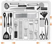 Xkimos Larger Cutlery Drawer Organiser with 9 Compartments, 3-sided Expandable Kitchen Drawer Organiser, Non-Slip,Large for Spoons, Forks and Knives (White)