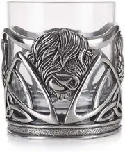 Stunning Pewter Scottish Highland Cow Coo&Scottish Thistle Whisky Tumbler Glass