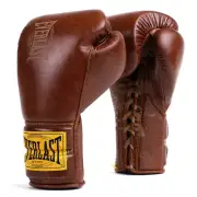 Everlast 1910 Premium Leather Laced Sparring Gloves Old School Boxing 12oz Brown